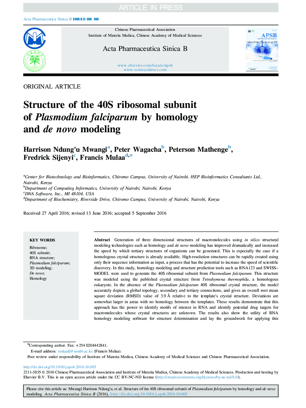 Structure of the 40S ribosomal subunit of Plasmodium falciparum by homology and de novo modeling