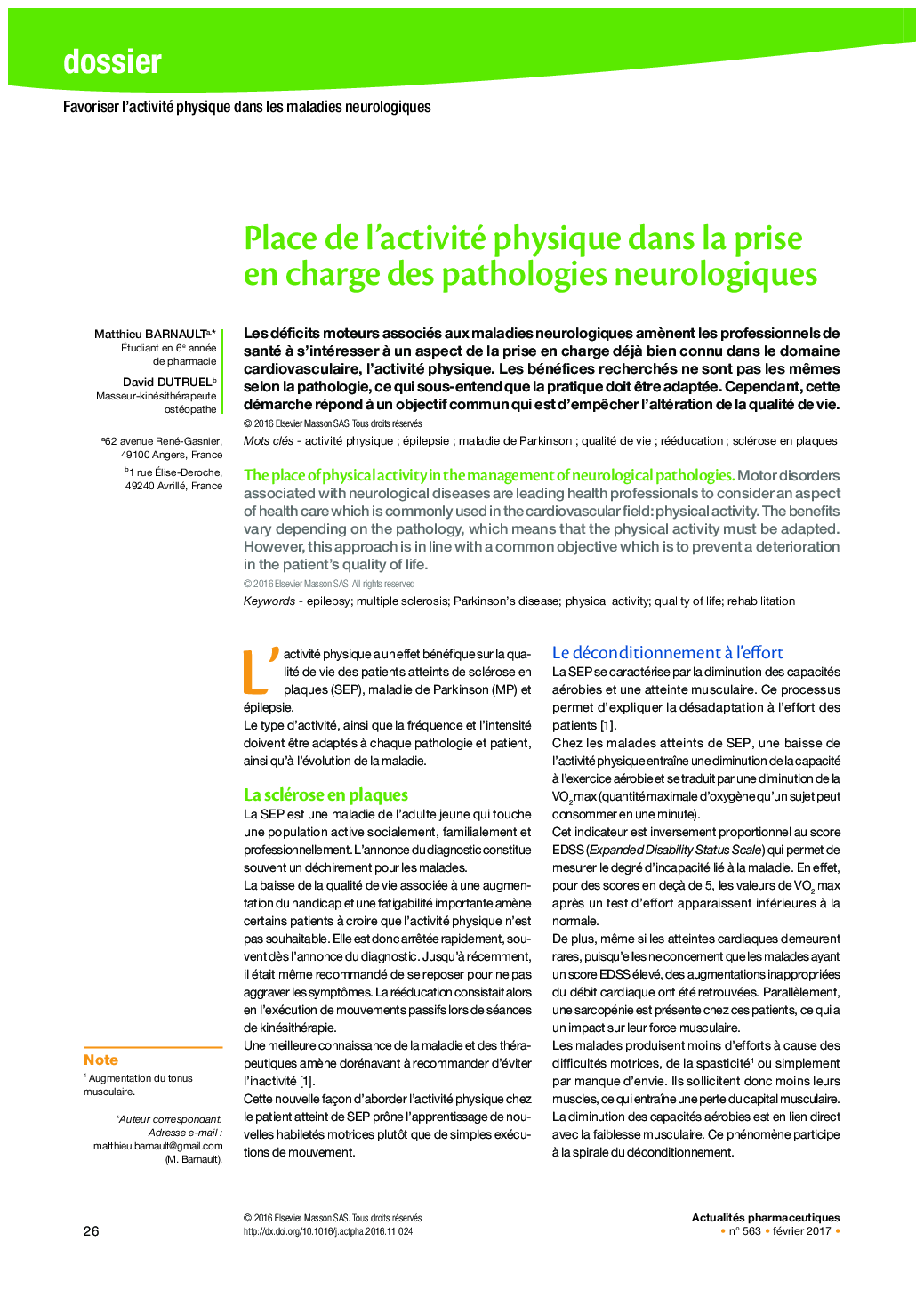 عکس صفحه اول مقاله: Place de l'activité physique dans la prise en charge des pathologies neurologiquesThe place of physical activity in the management of neurological pathologies Place de l'activité physique dans la prise en charge des pathologies neurologiquesThe place of physical activity in the management of neurological pathologies