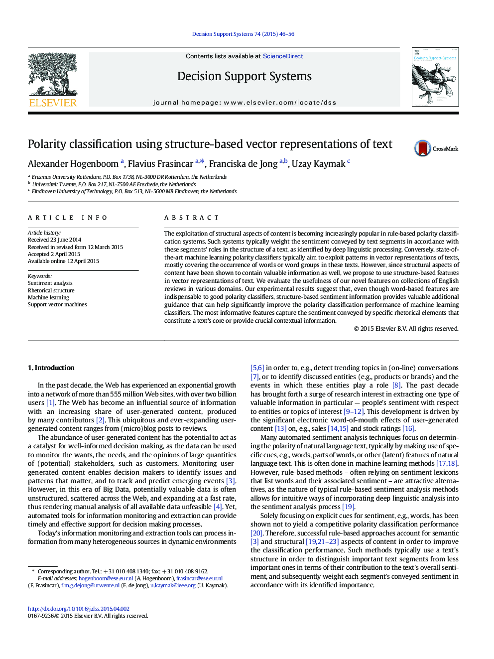 Polarity classification using structure-based vector representations of text