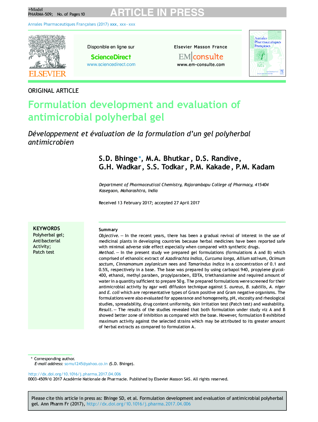 Formulation development and evaluation of antimicrobial polyherbal gel