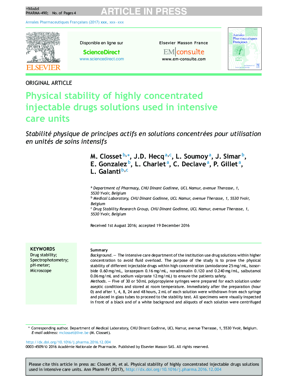Physical stability of highly concentrated injectable drugs solutions used in intensive care units
