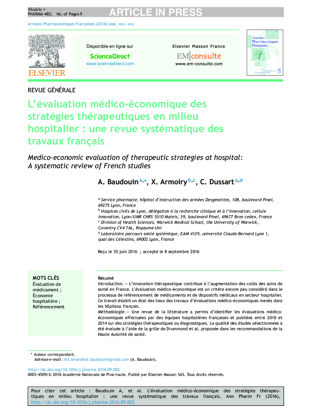 L'évaluation médico-économique des stratégies thérapeutiques en milieu hospitalierÂ : une revue systématique des travaux français