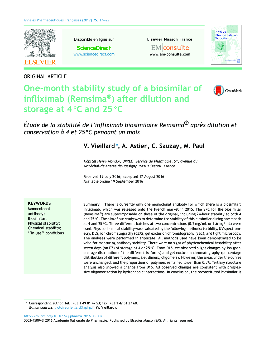 One-month stability study of a biosimilar of infliximab (Remsima®) after dilution and storage at 4 Â°C and 25 Â°C