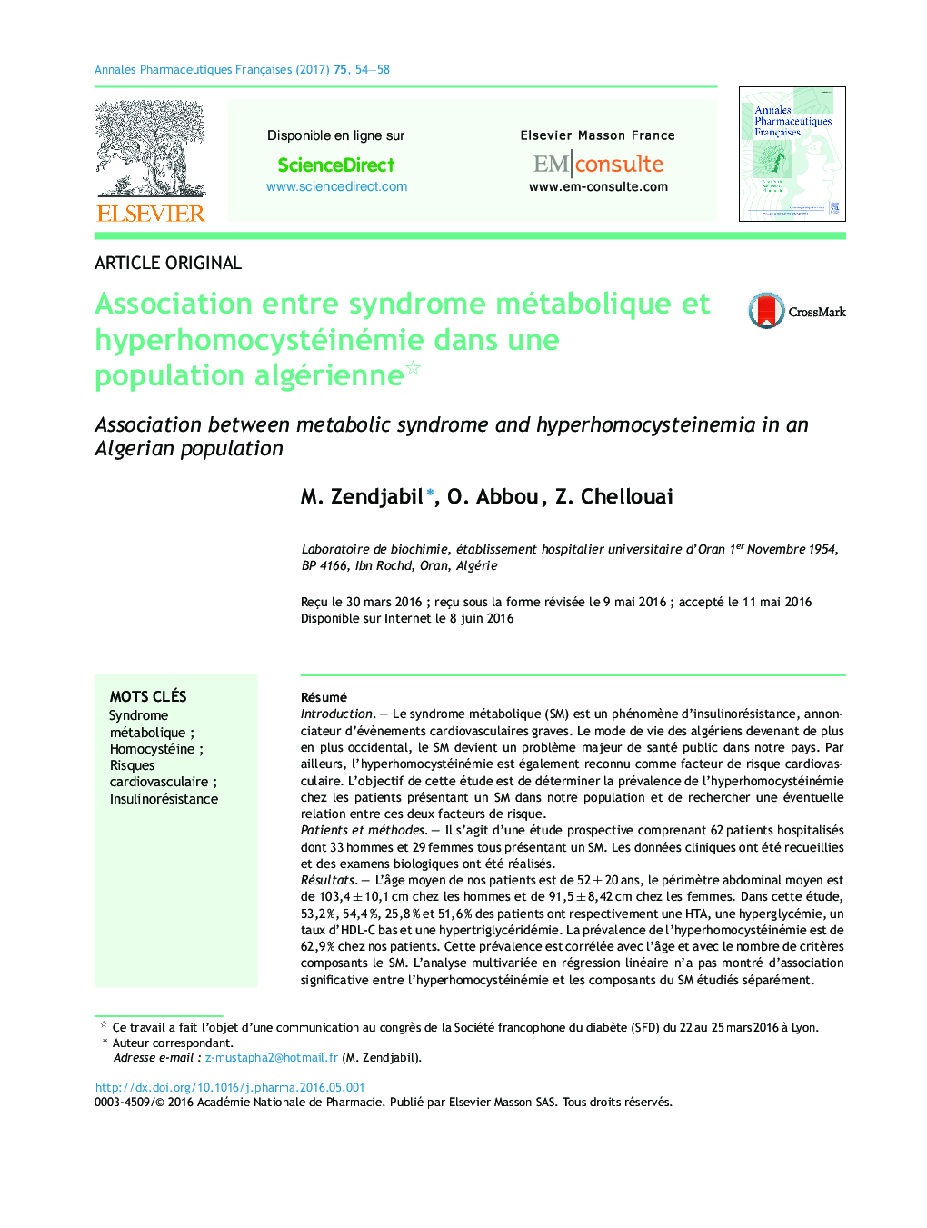 Association entre syndrome métabolique et hyperhomocystéinémie dans une population algérienne