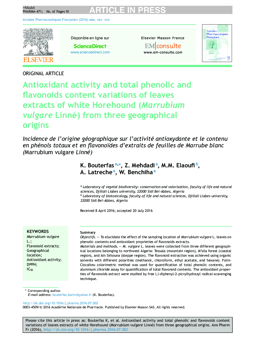Antioxidant activity and total phenolic and flavonoids content variations of leaves extracts of white Horehound (Marrubium vulgare Linné) from three geographical origins