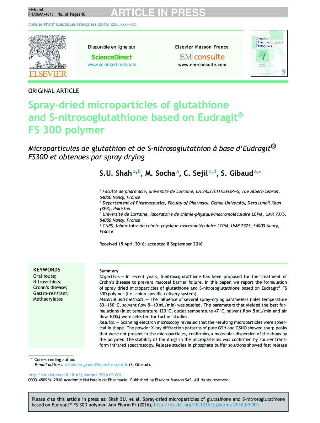 Spray-dried microparticles of glutathione and S-nitrosoglutathione based on Eudragit® FS 30D polymer