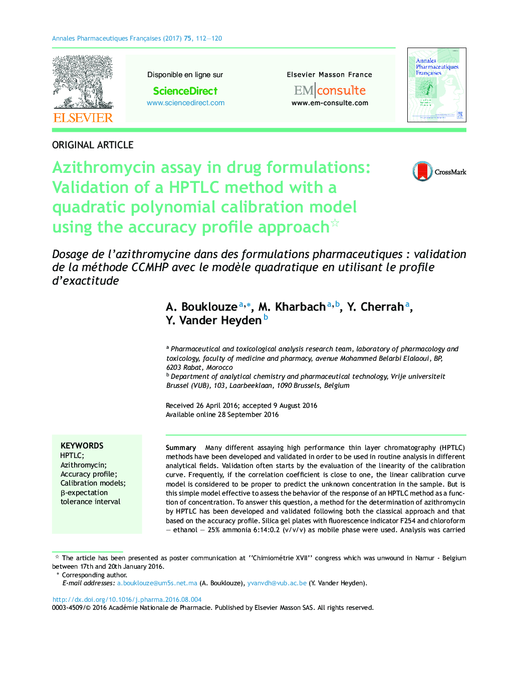 Azithromycin assay in drug formulations: Validation of a HPTLC method with a quadratic polynomial calibration model using the accuracy profile approach