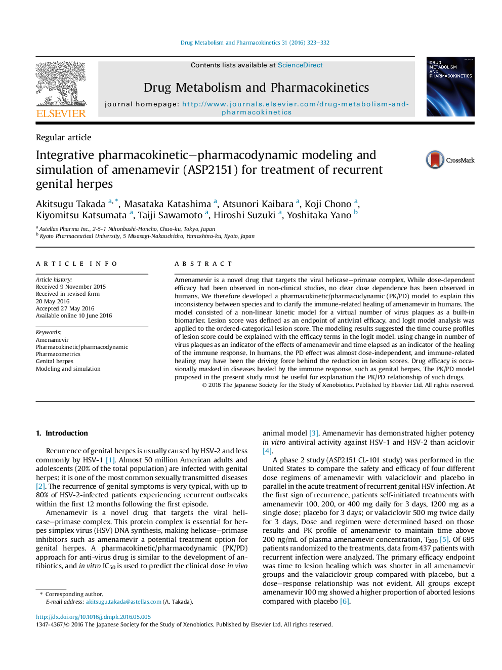 Integrative pharmacokinetic-pharmacodynamic modeling and simulation of amenamevir (ASP2151) for treatment of recurrent genital herpes