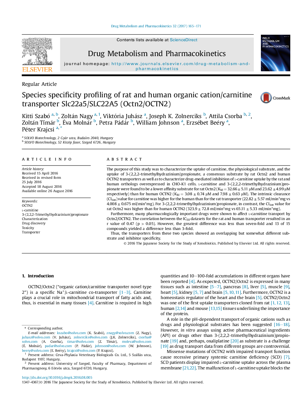Species specificity profiling of rat and human organic cation/carnitine transporter Slc22a5/SLC22A5 (Octn2/OCTN2)