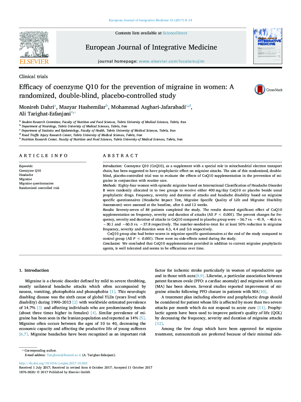 Efficacy of coenzyme Q10 for the prevention of migraine in women: A randomized, double-blind, placebo-controlled study