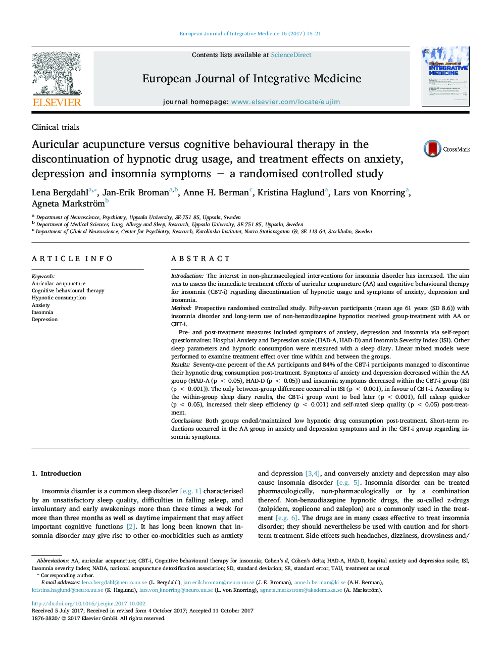 Auricular acupuncture versus cognitive behavioural therapy in the discontinuation of hypnotic drug usage, and treatment effects on anxiety, depression and insomnia symptoms â a randomised controlled study