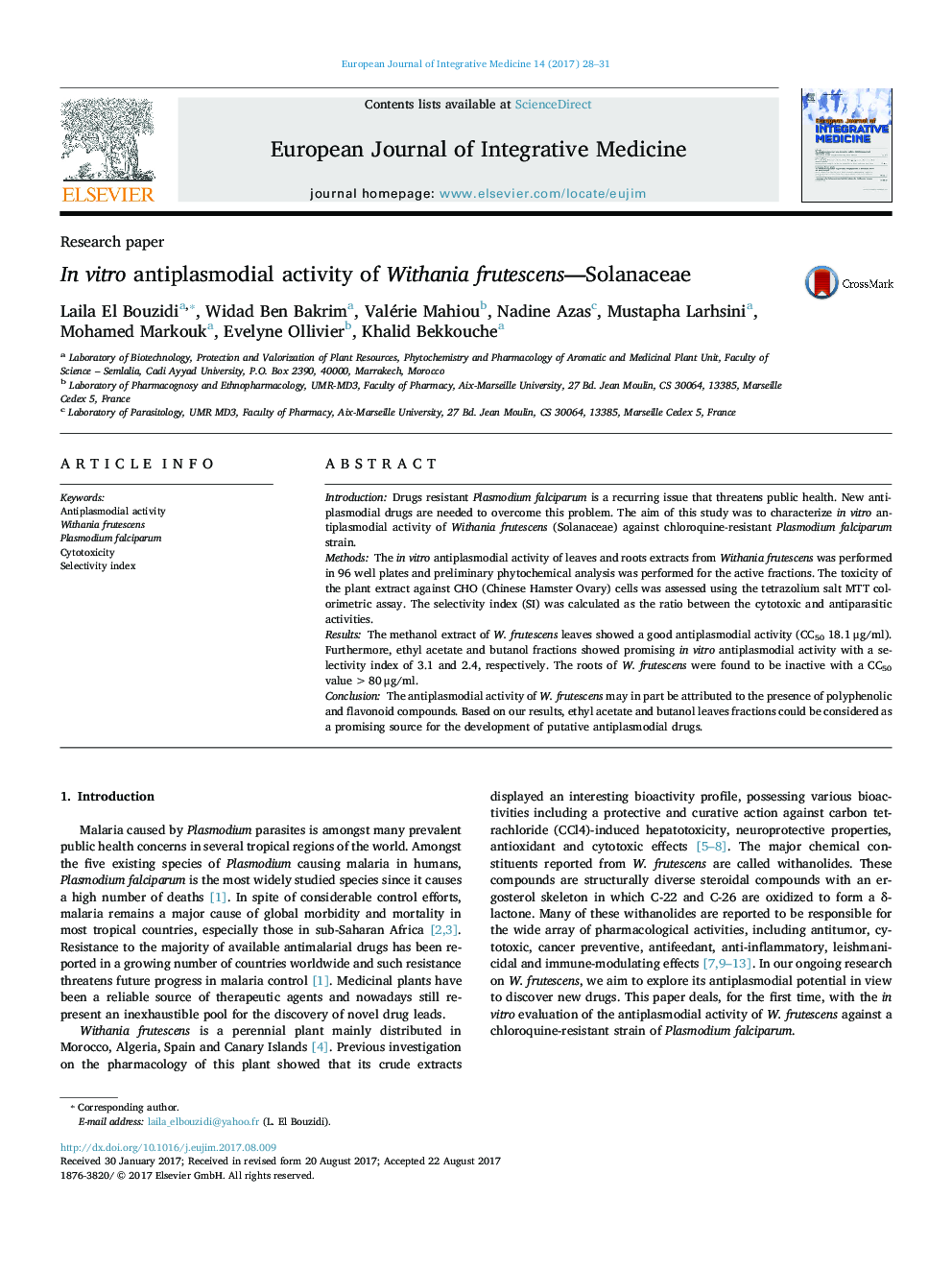 In vitro antiplasmodial activity of Withania frutescens-Solanaceae