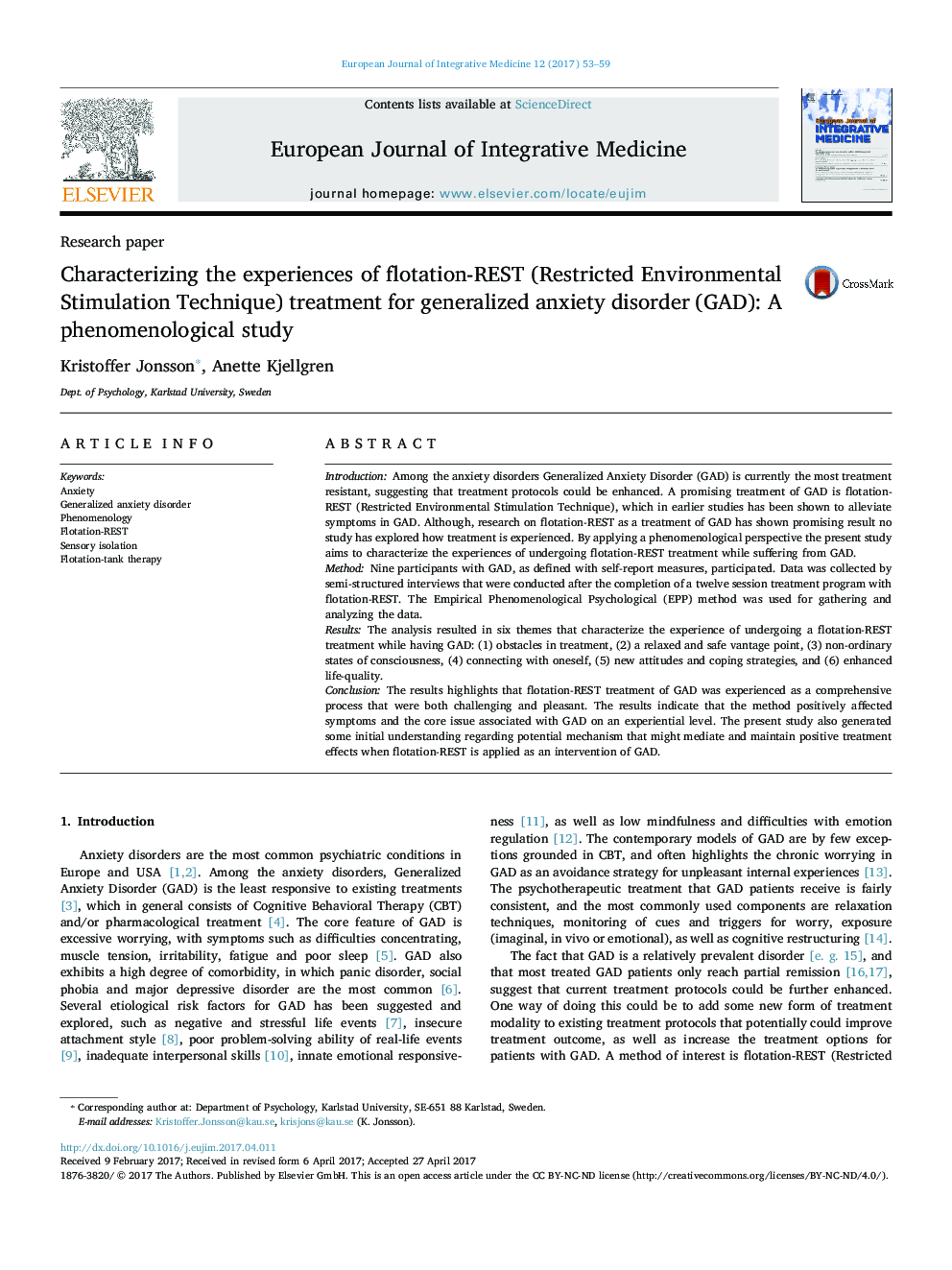 Characterizing the experiences of flotation-REST (Restricted Environmental Stimulation Technique) treatment for generalized anxiety disorder (GAD): A phenomenological study