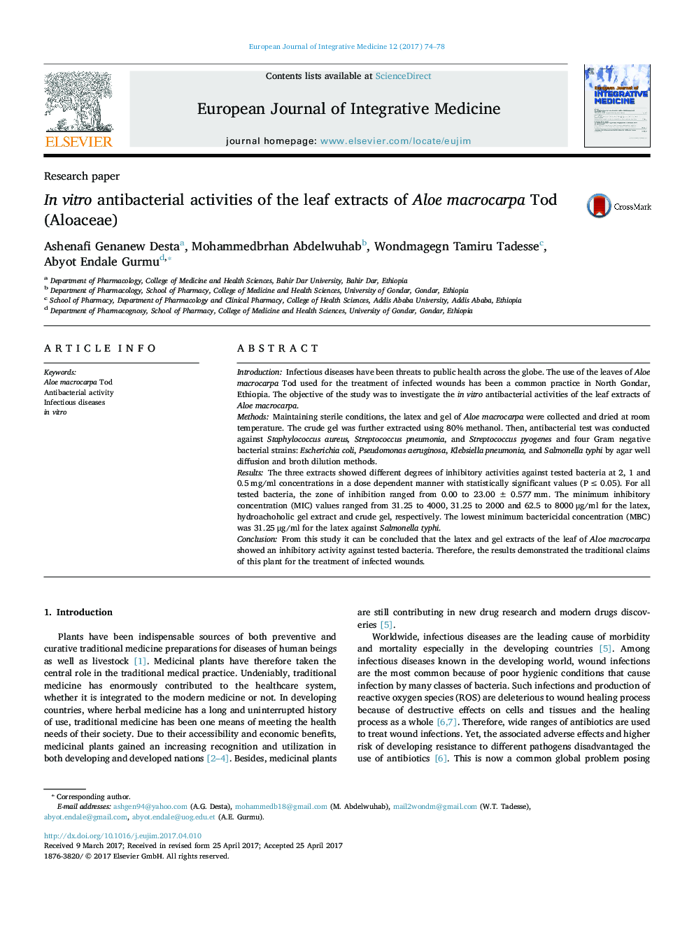 In vitro antibacterial activities of the leaf extracts of Aloe macrocarpa Tod (Aloaceae)