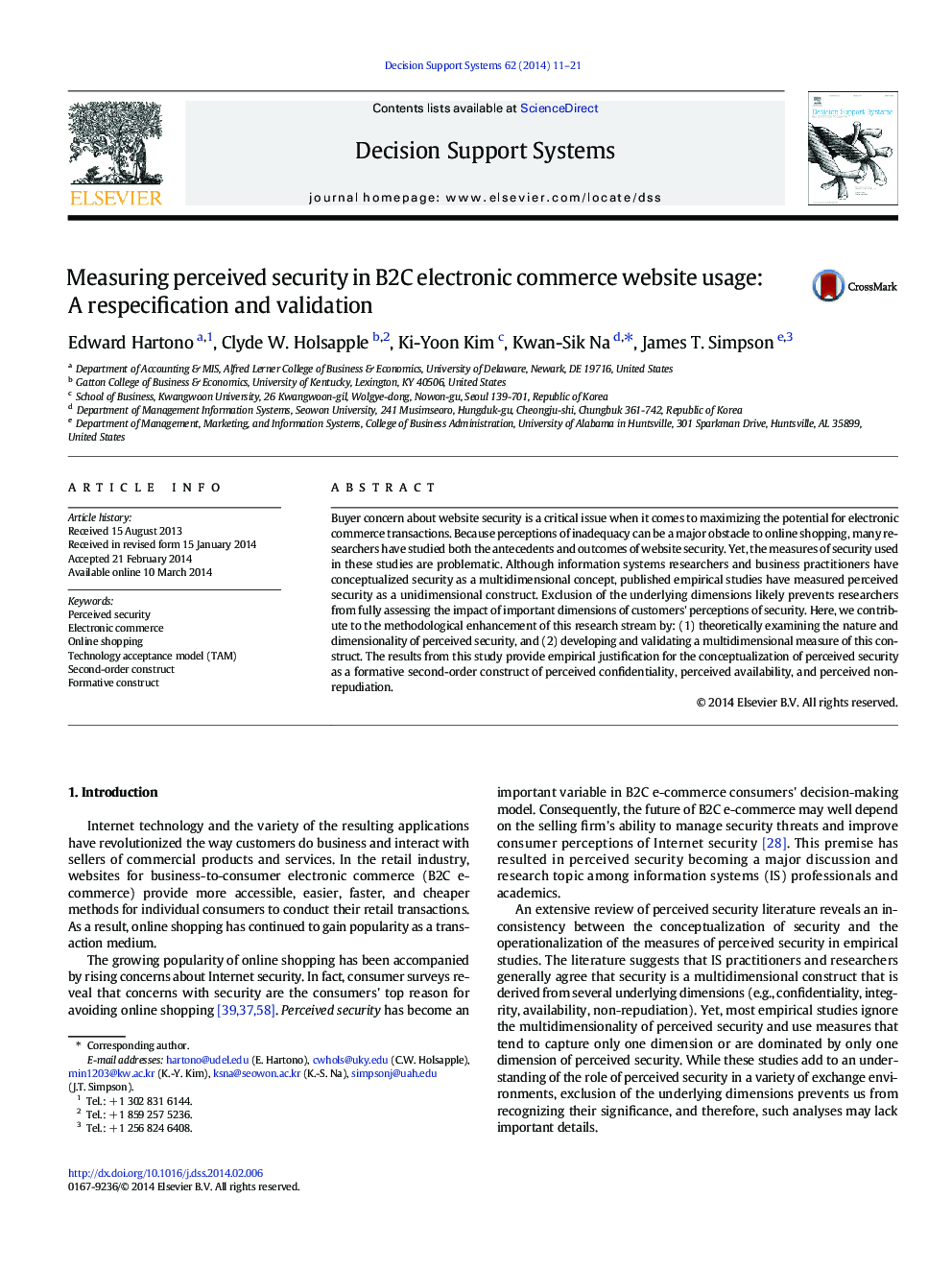 Measuring perceived security in B2C electronic commerce website usage: A respecification and validation