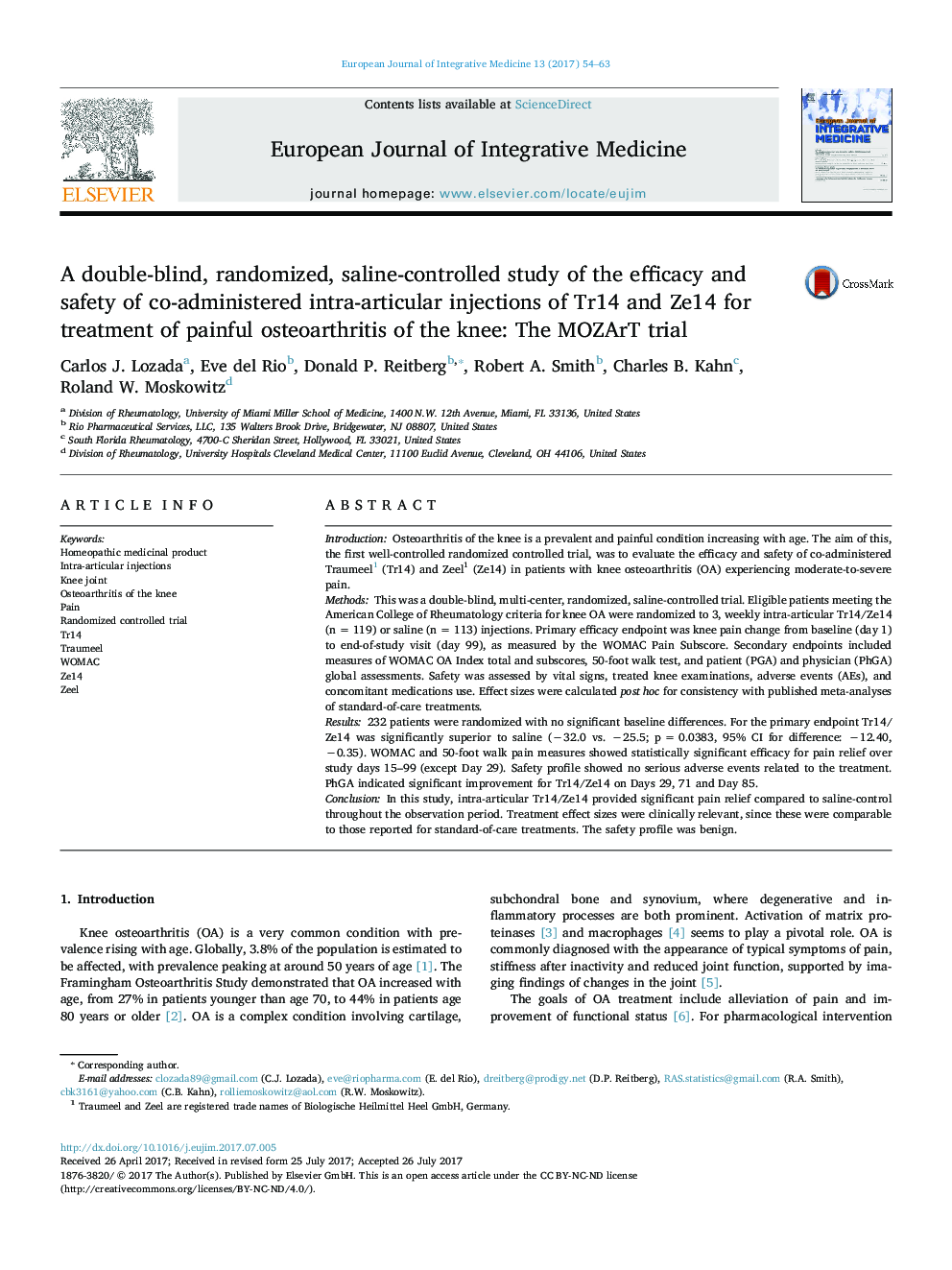 A double-blind, randomized, saline-controlled study of the efficacy and safety of co-administered intra-articular injections of Tr14 and Ze14 for treatment of painful osteoarthritis of the knee: The MOZArT trial