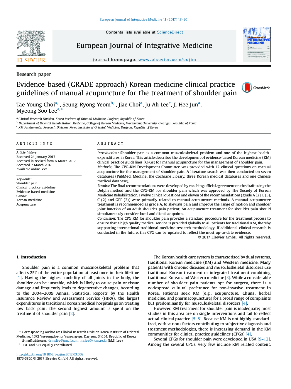 Research paperEvidence-based (GRADE approach) Korean medicine clinical practice guidelines of manual acupuncture for the treatment of shoulder pain