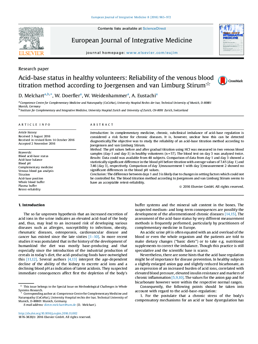 Acid-base status in healthy volunteers: Reliability of the venous blood titration method according to Joergensen and van Limburg Stirum