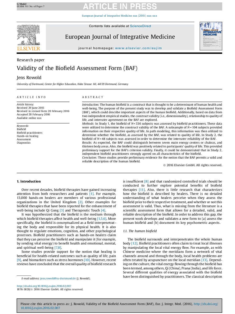 Validity of the Biofield Assessment Form (BAF)