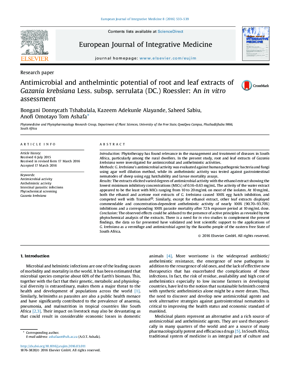 Antimicrobial and anthelmintic potential of root and leaf extracts of Gazania krebsiana Less. subsp. serrulata (DC.) Roessler: An in vitro assessment