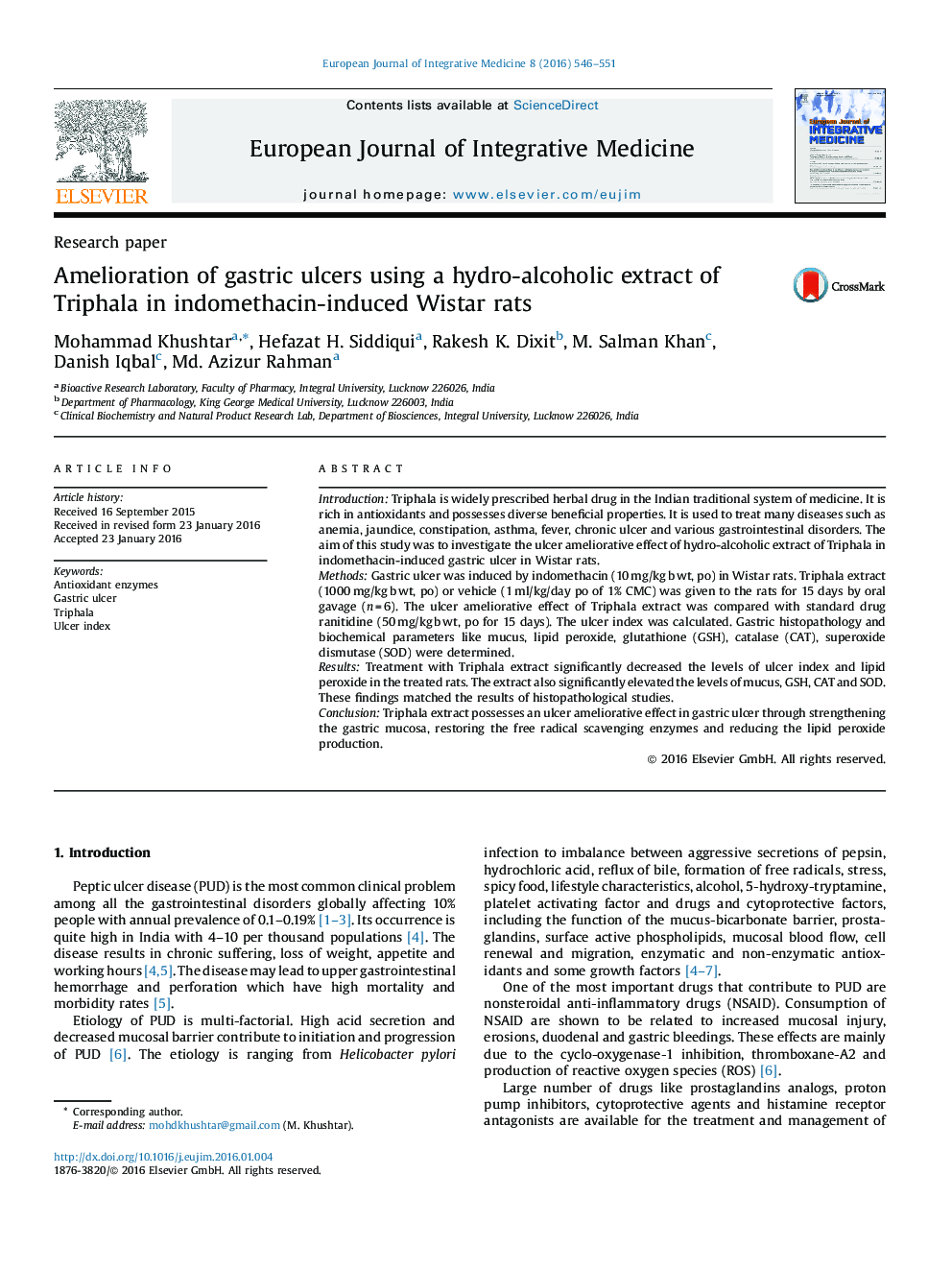 Amelioration of gastric ulcers using a hydro-alcoholic extract of Triphala in indomethacin-induced Wistar rats