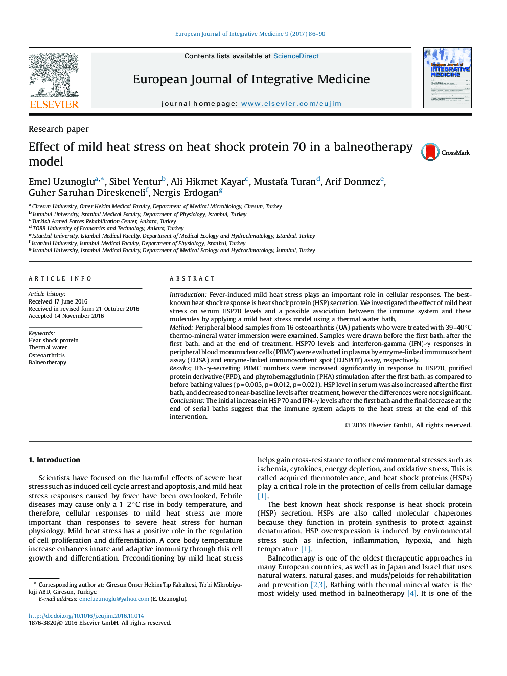 Effect of mild heat stress on heat shock protein 70 in a balneotherapy model