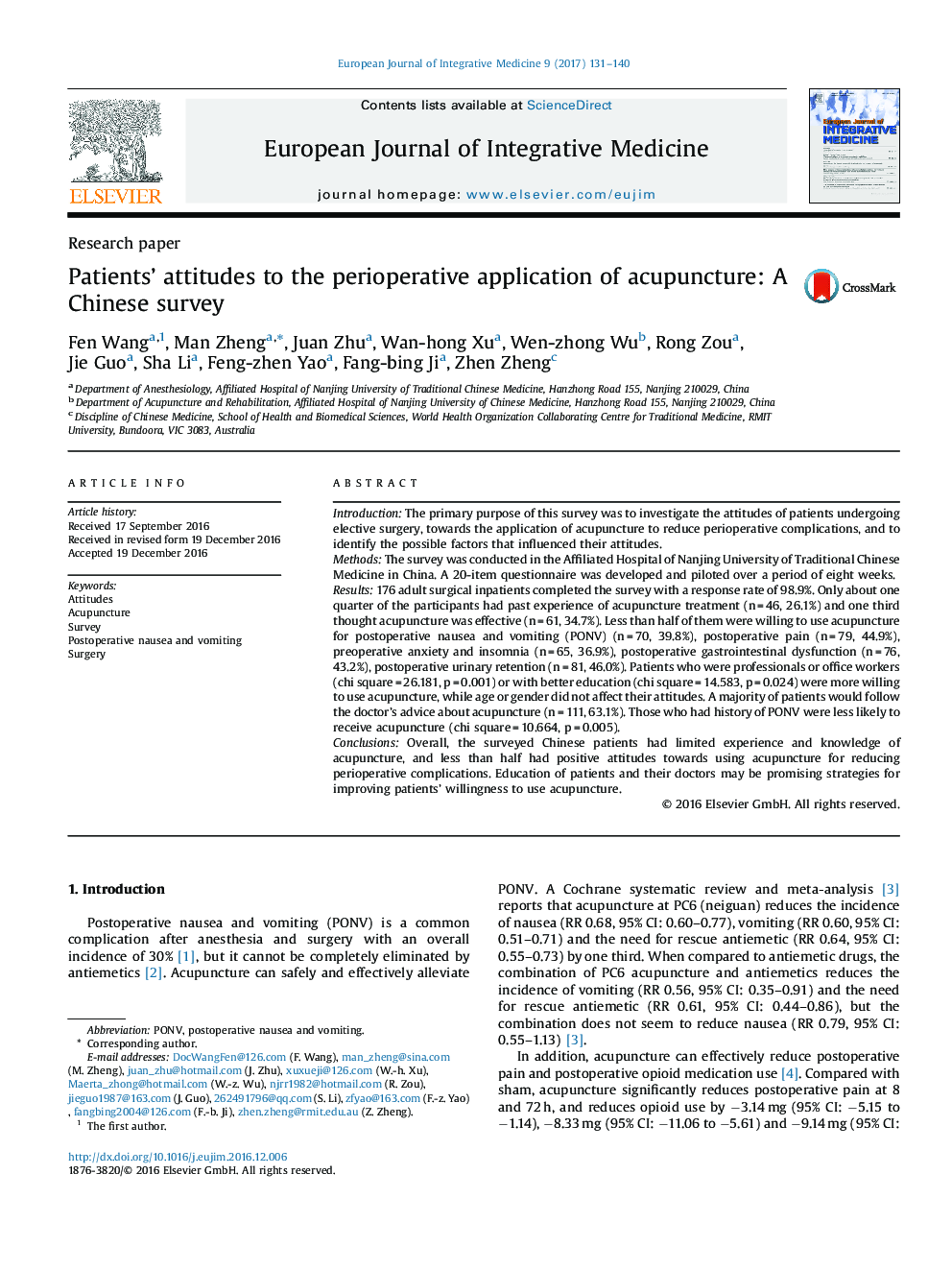 Patients' attitudes to the perioperative application of acupuncture: A Chinese survey