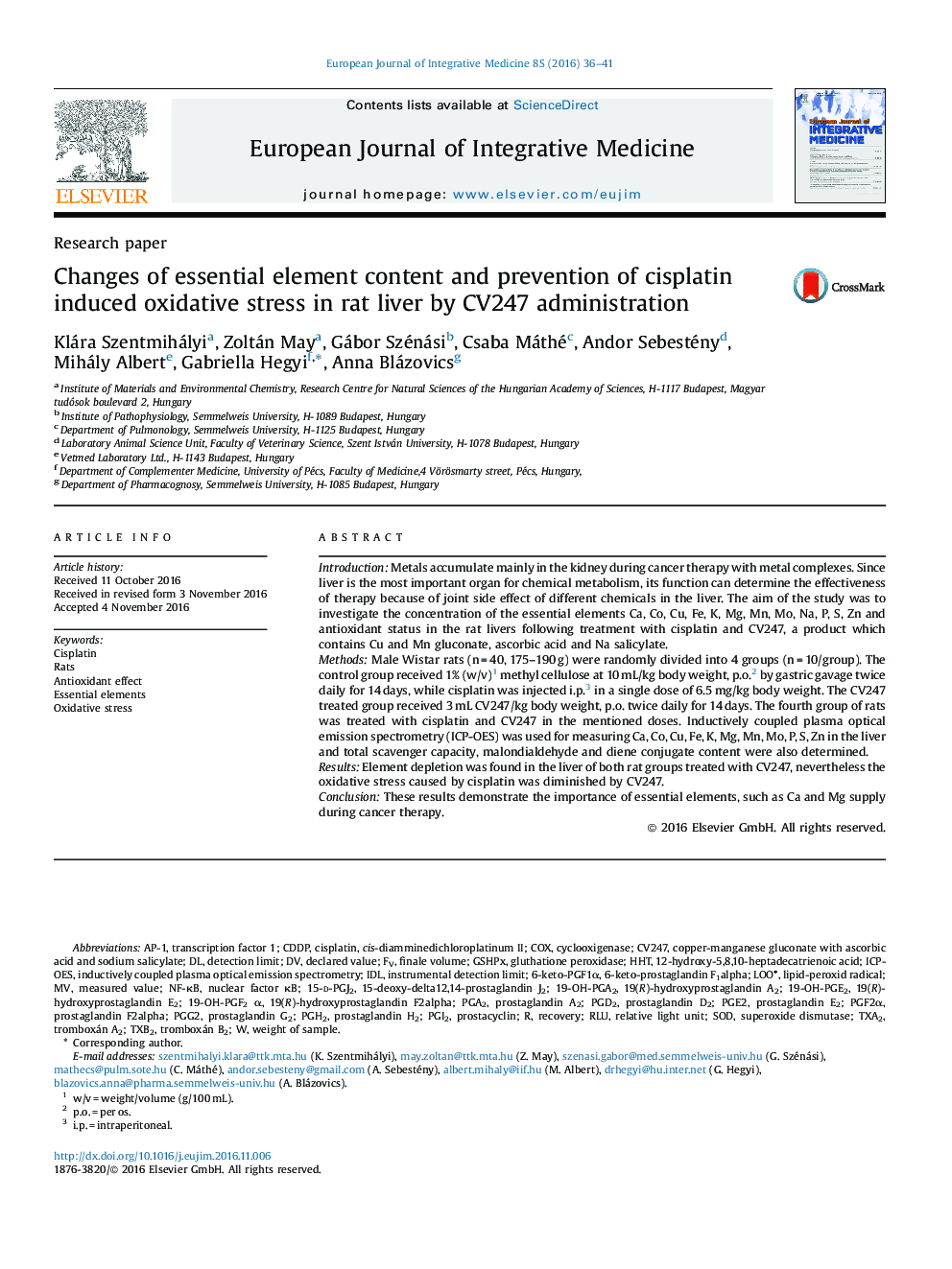 عکس صفحه اول مقاله: Research paperChanges of essential element content and prevention of cisplatin induced oxidative stress in rat liver by CV247 administration Research paperChanges of essential element content and prevention of cisplatin induced oxidative stress in rat liver by CV247 administration