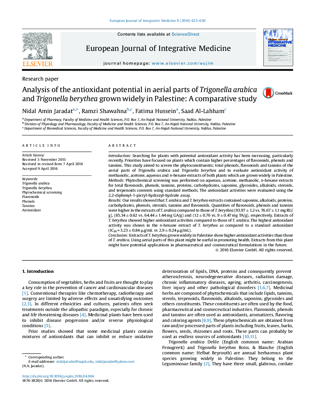 Analysis of the antioxidant potential in aerial parts of Trigonella arabica and Trigonella berythea grown widely in Palestine: A comparative study