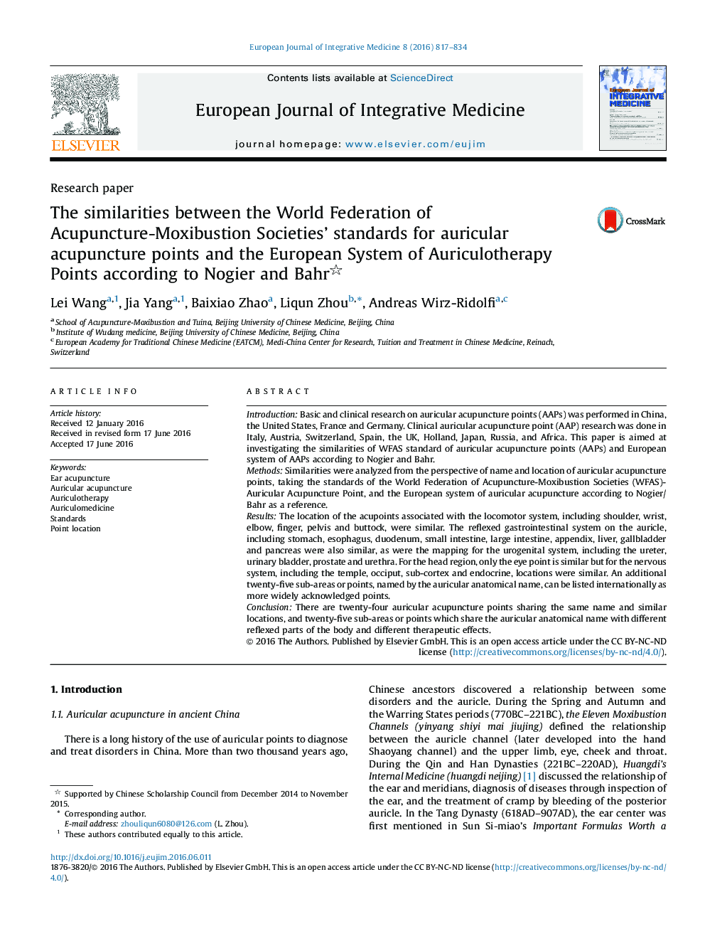 The similarities between the World Federation of Acupuncture-Moxibustion Societies' standards for auricular acupuncture points and the European System of Auriculotherapy Points according to Nogier and Bahr