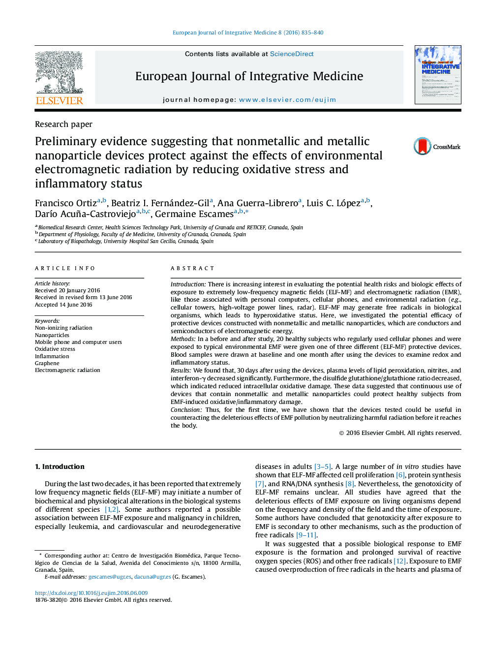 Preliminary evidence suggesting that nonmetallic and metallic nanoparticle devices protect against the effects of environmental electromagnetic radiation by reducing oxidative stress and inflammatory status