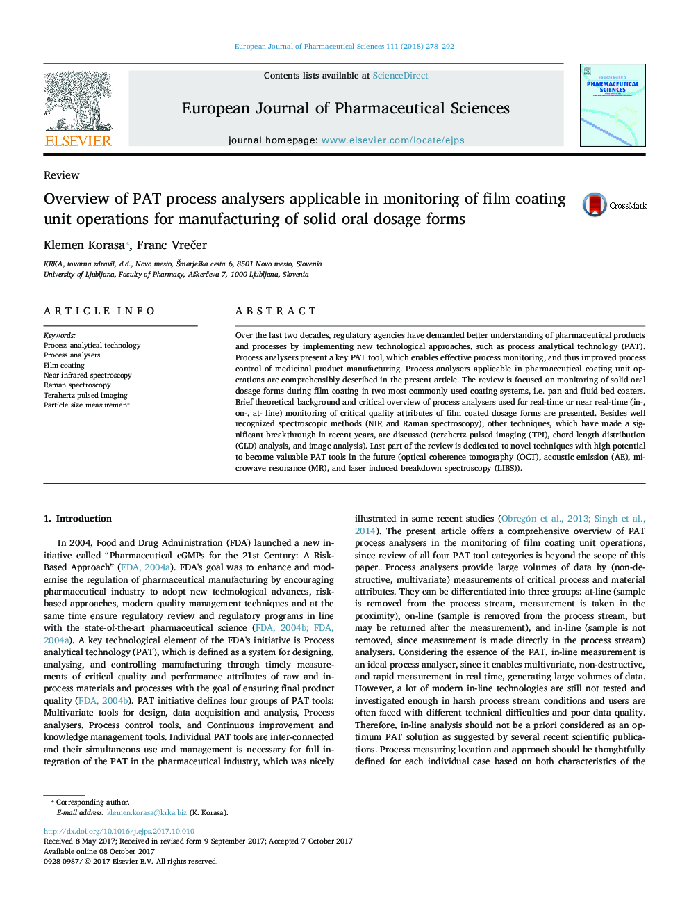 Overview of PAT process analysers applicable in monitoring of film coating unit operations for manufacturing of solid oral dosage forms