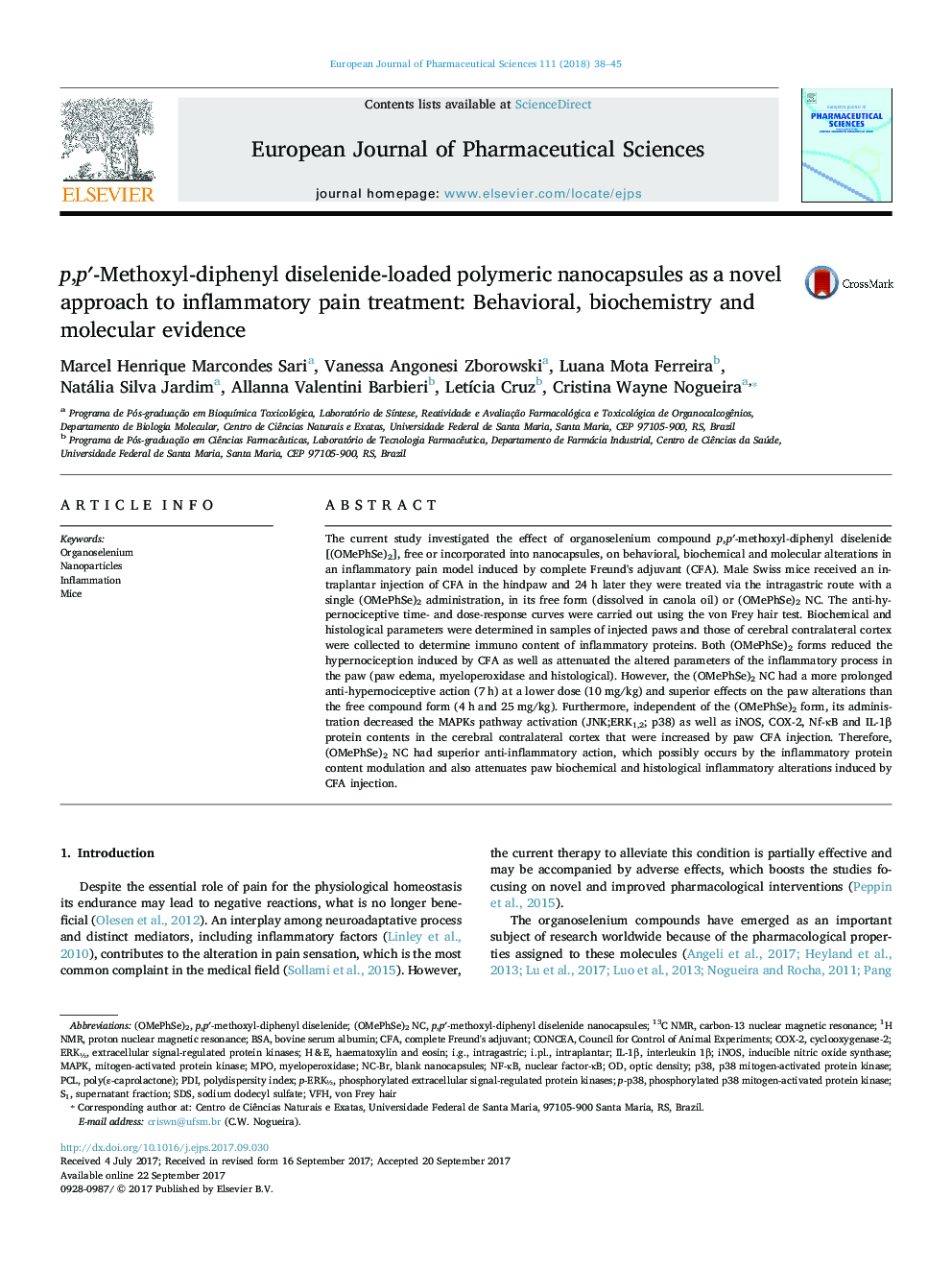 p,pâ²-Methoxyl-diphenyl diselenide-loaded polymeric nanocapsules as a novel approach to inflammatory pain treatment: Behavioral, biochemistry and molecular evidence