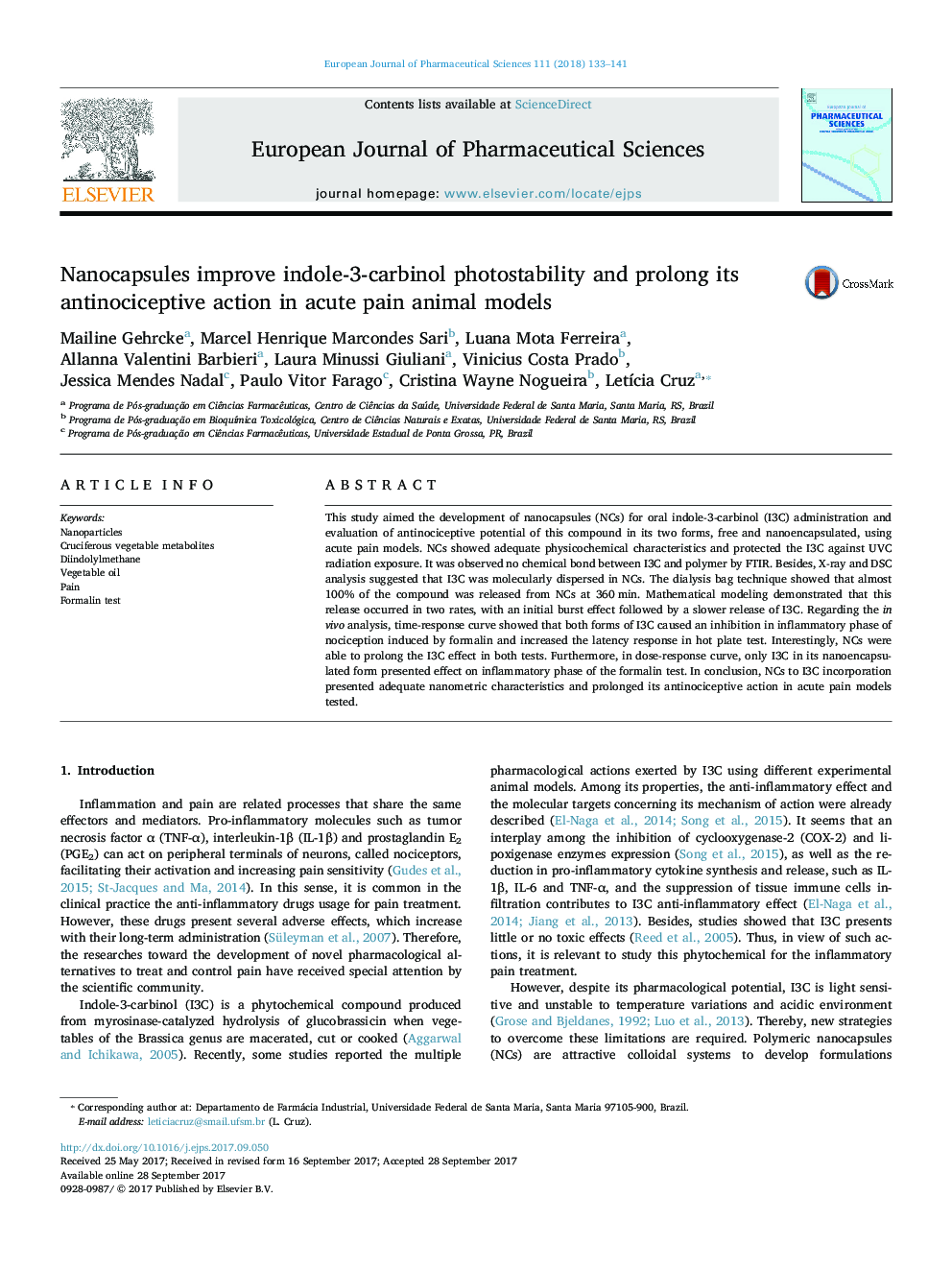 Nanocapsules improve indole-3-carbinol photostability and prolong its antinociceptive action in acute pain animal models