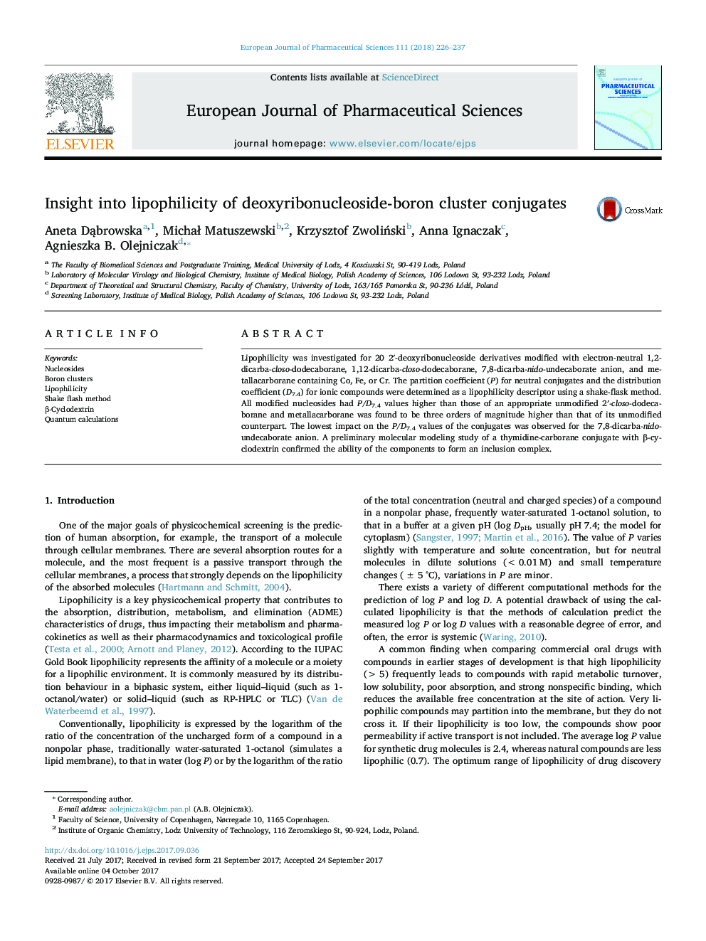 Insight into lipophilicity of deoxyribonucleosideâboron cluster conjugates