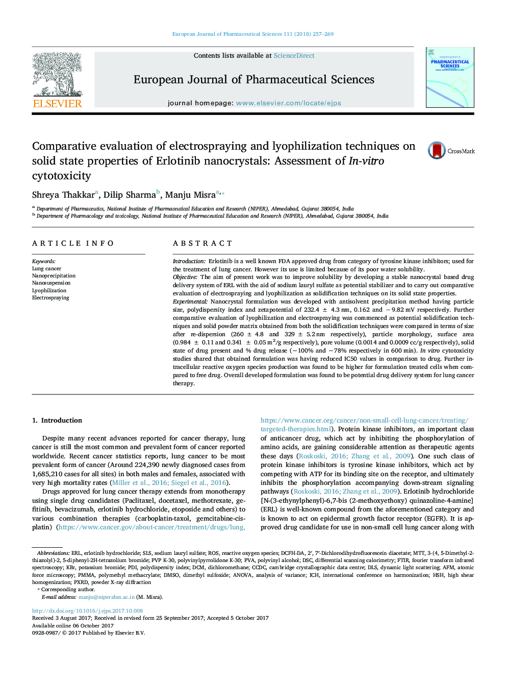 Comparative evaluation of electrospraying and lyophilization techniques on solid state properties of Erlotinib nanocrystals: Assessment of In-vitro cytotoxicity