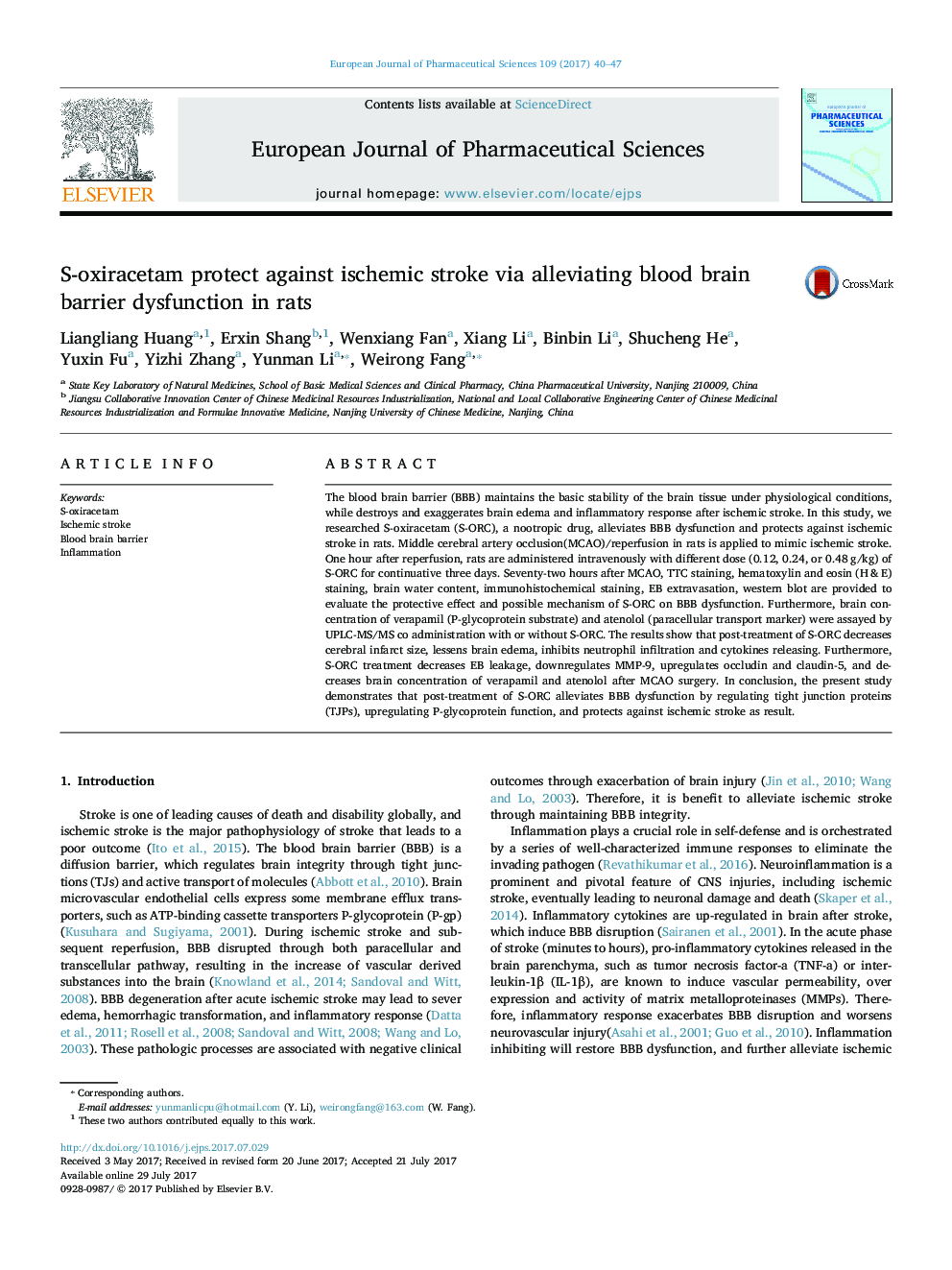 S-oxiracetam protect against ischemic stroke via alleviating blood brain barrier dysfunction in rats