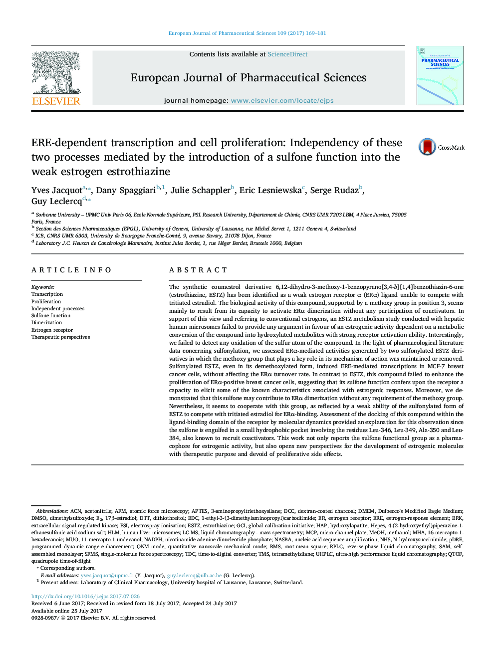 ERE-dependent transcription and cell proliferation: Independency of these two processes mediated by the introduction of a sulfone function into the weak estrogen estrothiazine