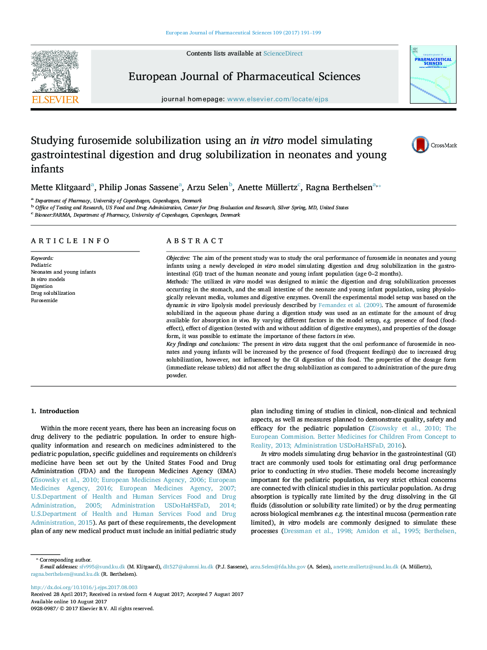 Studying furosemide solubilization using an in vitro model simulating gastrointestinal digestion and drug solubilization in neonates and young infants