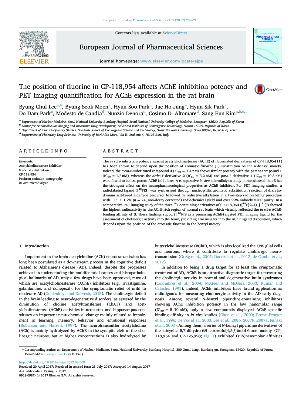 The position of fluorine in CP-118,954 affects AChE inhibition potency and PET imaging quantification for AChE expression in the rat brain