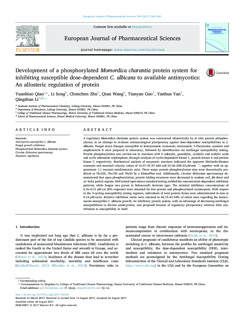 Development of a phosphorylated Momordica charantia protein system for inhibiting susceptible dose-dependent C. albicans to available antimycotics: An allosteric regulation of protein