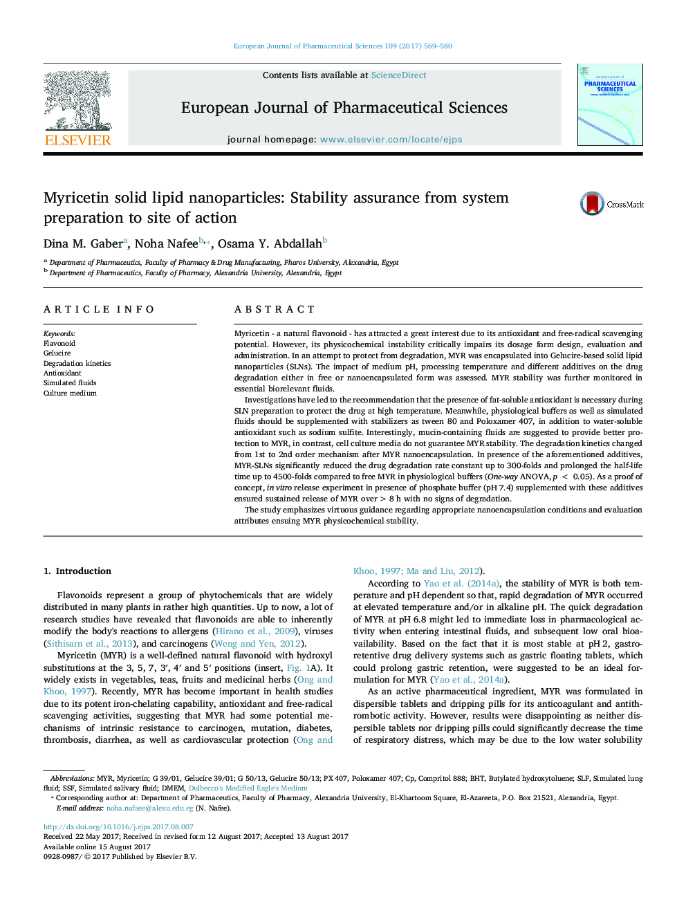 Myricetin solid lipid nanoparticles: Stability assurance from system preparation to site of action