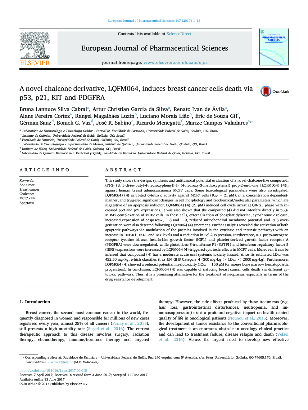 A novel chalcone derivative, LQFM064, induces breast cancer cells death via p53, p21, KIT and PDGFRA