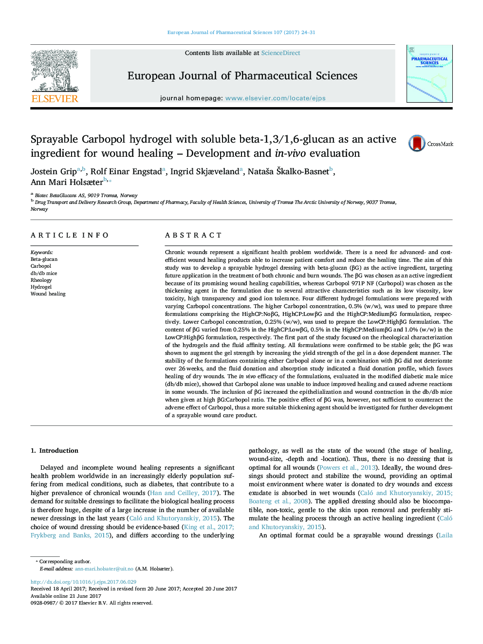 Sprayable Carbopol hydrogel with soluble beta-1,3/1,6-glucan as an active ingredient for wound healing - Development and in-vivo evaluation