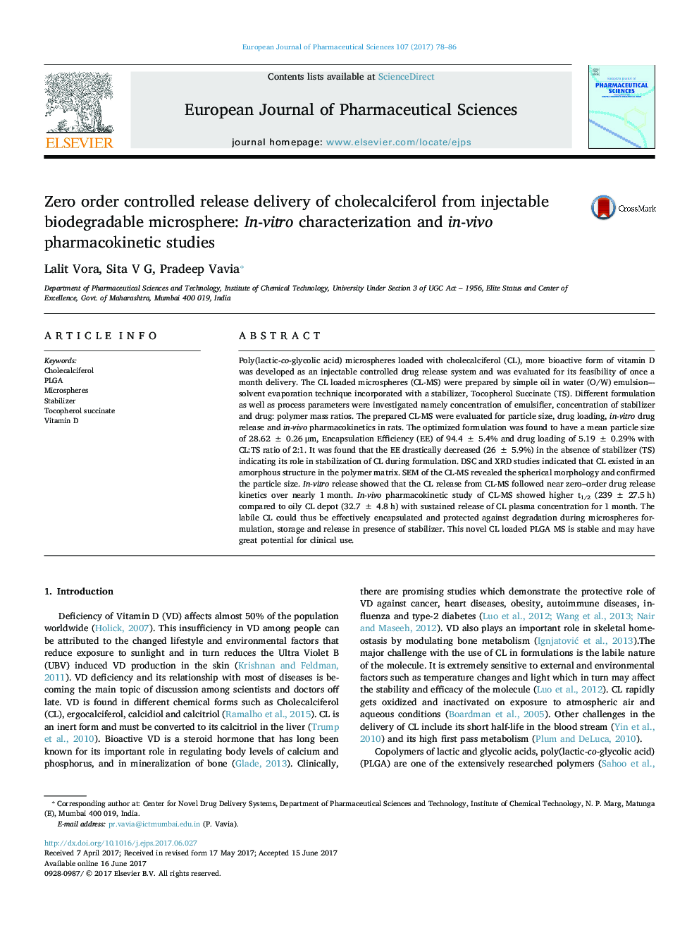 Zero order controlled release delivery of cholecalciferol from injectable biodegradable microsphere: In-vitro characterization and in-vivo pharmacokinetic studies