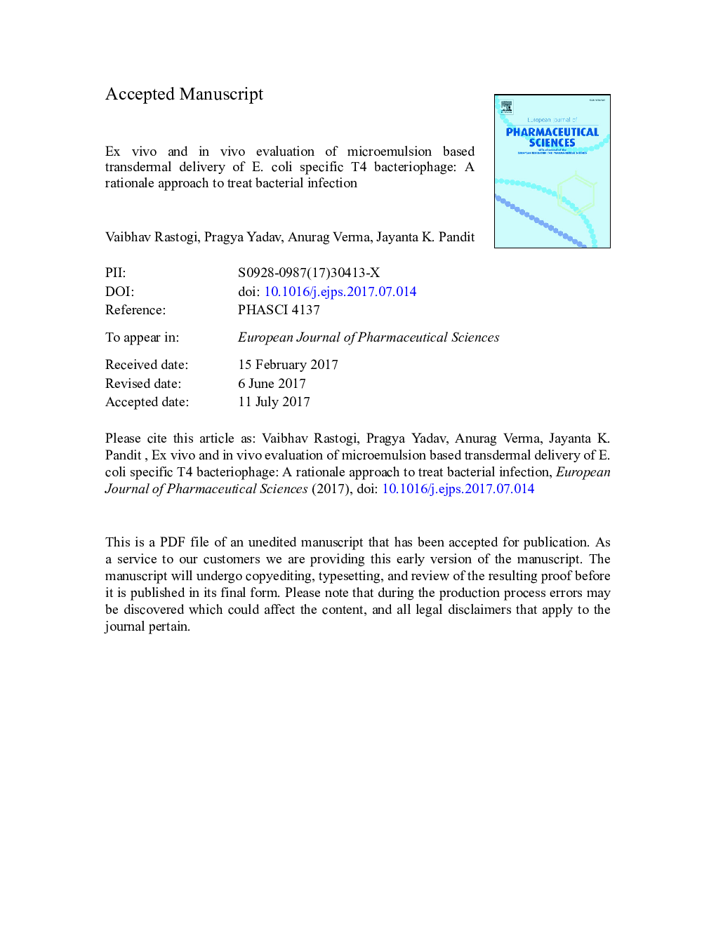 عکس صفحه اول مقاله: Ex vivo and in vivo evaluation of microemulsion based transdermal delivery of E. coli specific T4 bacteriophage: A rationale approach to treat bacterial infection Ex vivo and in vivo evaluation of microemulsion based transdermal delivery of E. coli specific T4 bacteriophage: A rationale approach to treat bacterial infection
