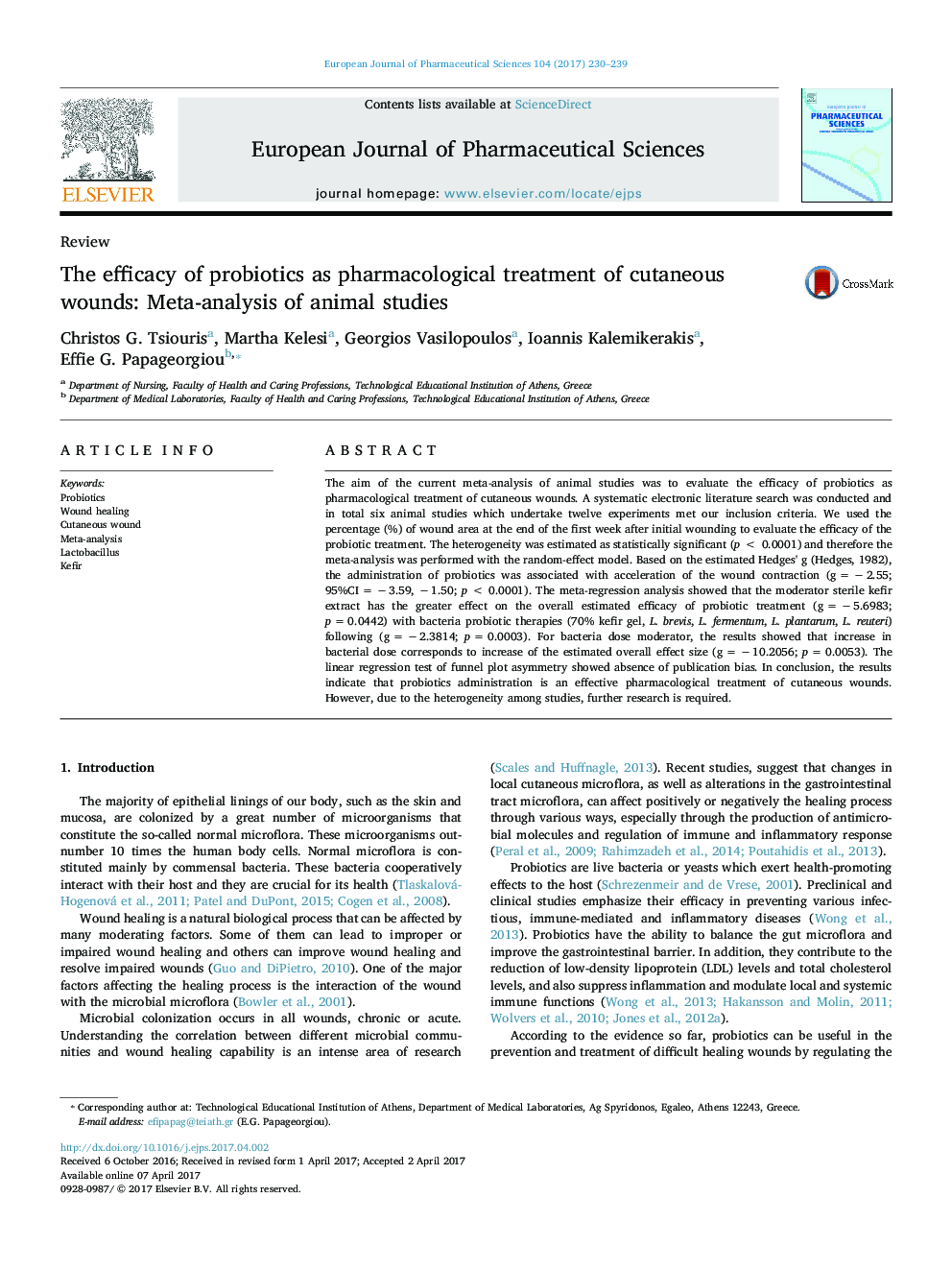 The efficacy of probiotics as pharmacological treatment of cutaneous wounds: Meta-analysis of animal studies