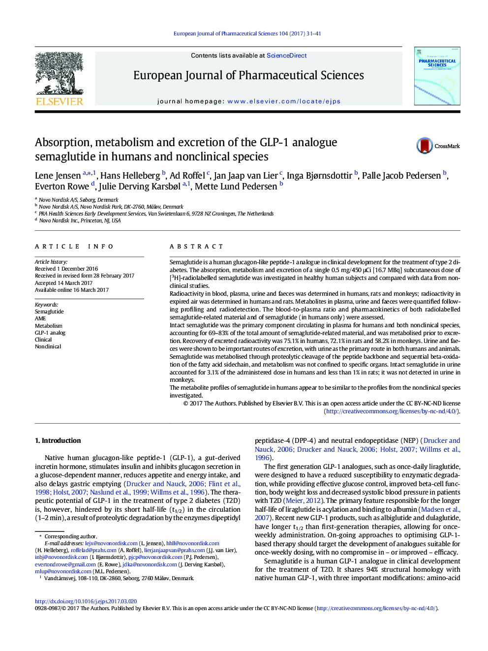 Absorption, metabolism and excretion of the GLP-1 analogue semaglutide in humans and nonclinical species