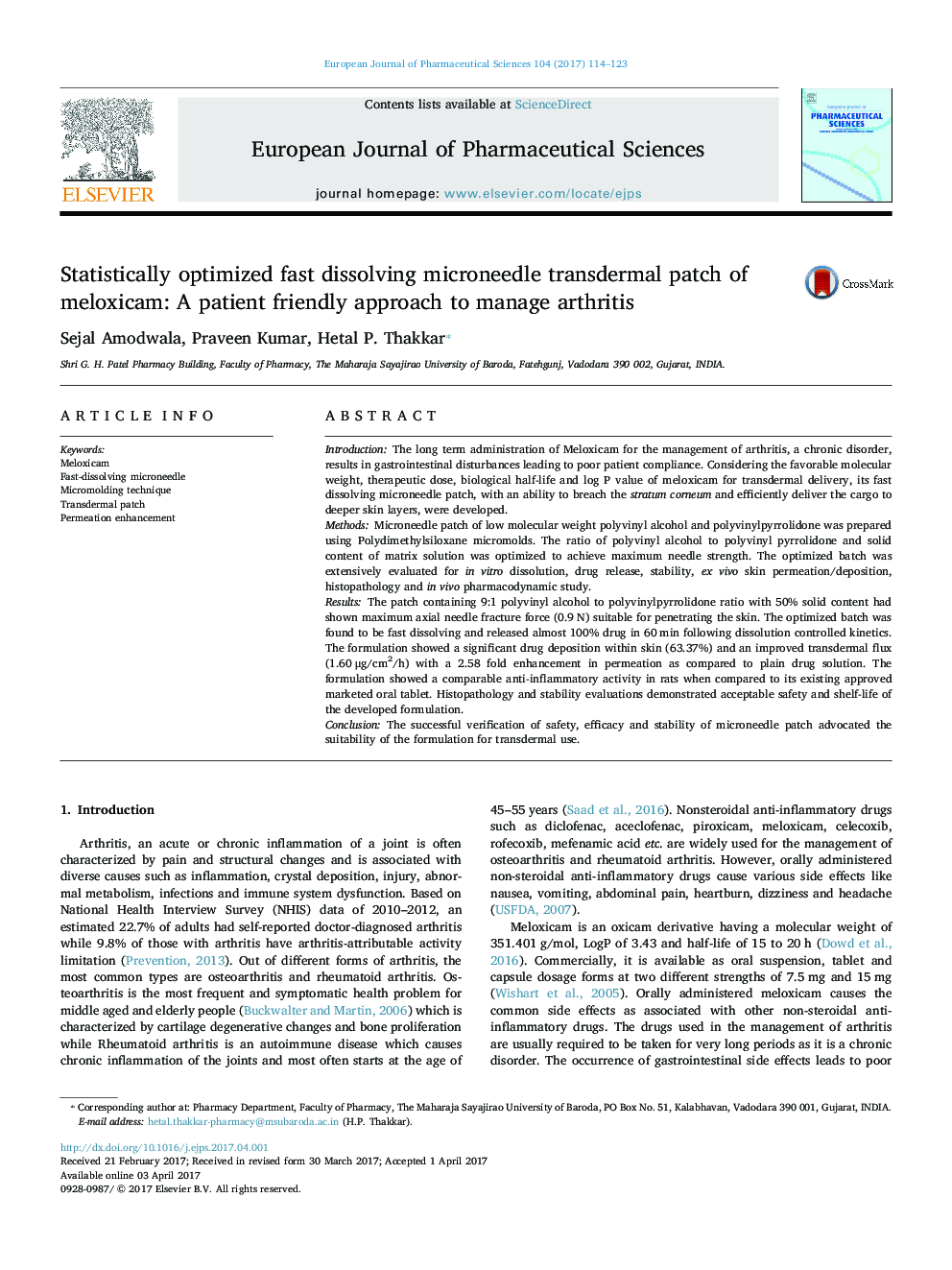 Statistically optimized fast dissolving microneedle transdermal patch of meloxicam: A patient friendly approach to manage arthritis