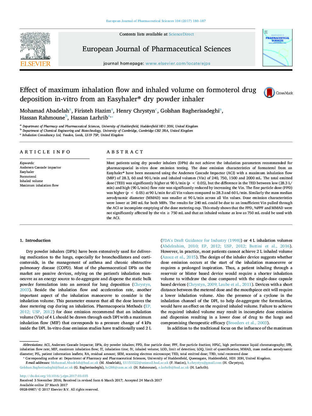 Effect of maximum inhalation flow and inhaled volume on formoterol drug deposition in-vitro from an Easyhaler® dry powder inhaler